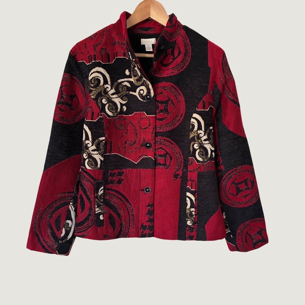 Chicos Red Black Tapestry Jacket Gold Metallic Mock Neck Button Front Size 2 L